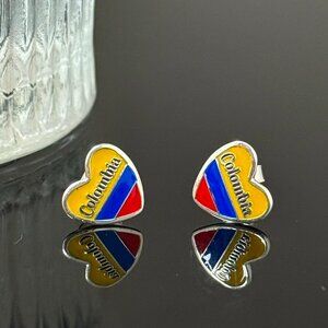 Colombia Flag Heart Earrings S925 Sterling Silver Handmade Ear Stud